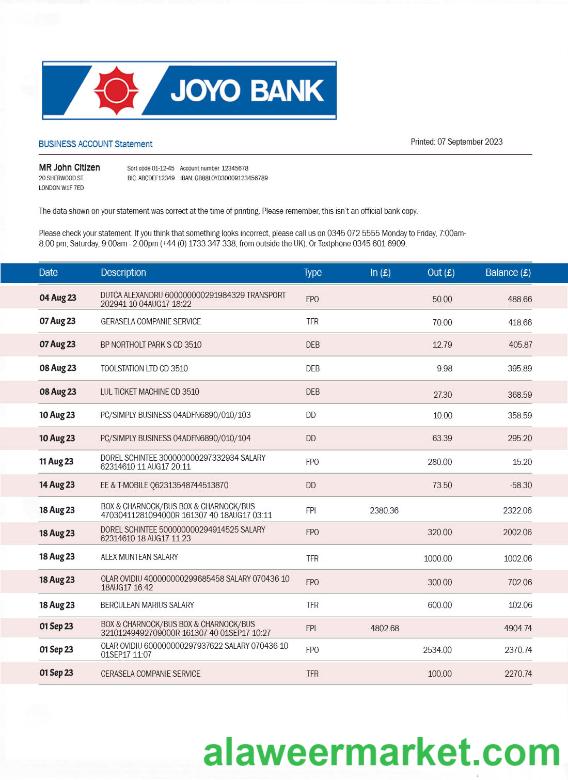 JOYO Bank bank statement